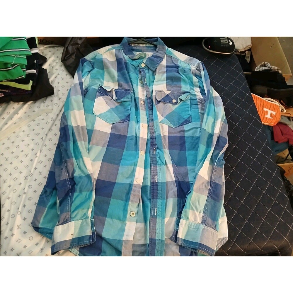 Warp and Weft Shirt Men Small Teal Blue Plaid Long Sleeve Button Up Outdoors XL